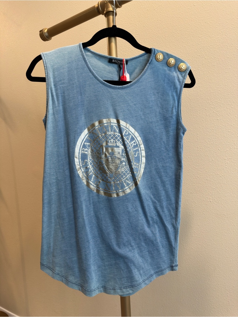 Balmain Light Blue Logo Tank with Gold Accent Buttons